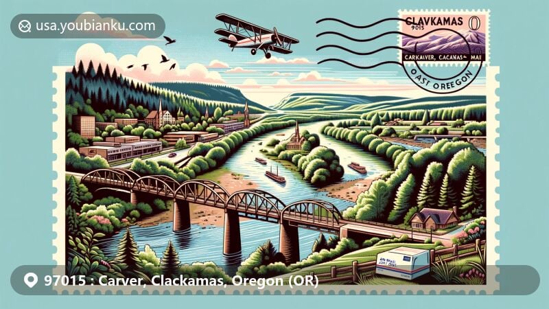 Modern illustration of 97015 ZIP code area in Carver, Clackamas, Oregon, showcasing postal theme with vintage air mail envelope, stamp, and postmark, set against lush greenery and Clackamas River.
