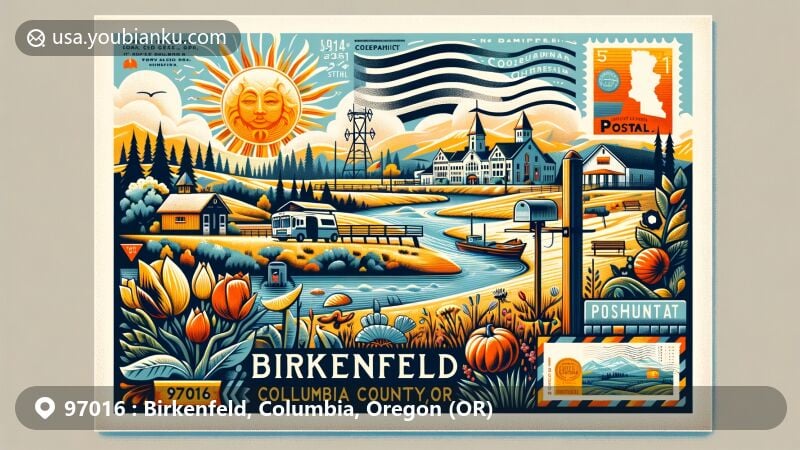 Modern illustration of Birkenfeld, Columbia County, Oregon, featuring a postal theme with ZIP code 97016, showcasing the warm-summer Mediterranean climate and geographical location in northwest Oregon.