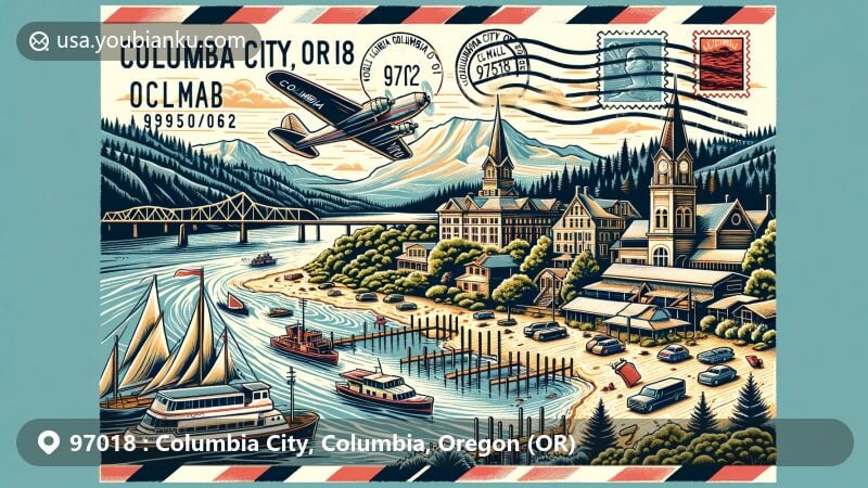 Modern illustration of Columbia City, Columbia County, Oregon, depicting the area's Columbia River location and warm-summer Mediterranean climate, with vintage postal elements like air mail envelope, stamps, and postal mark with ZIP code 97018.