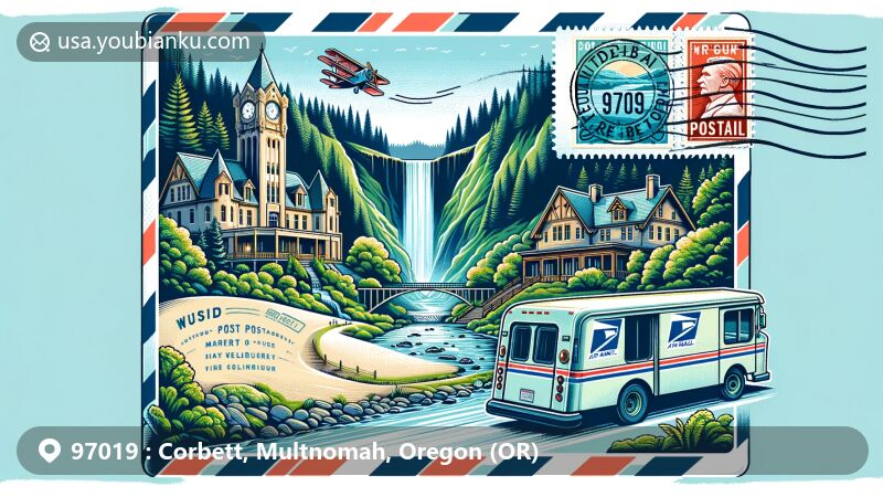 Modern illustration of Corbett, Oregon, featuring Multnomah Falls and Vista House against the backdrop of lush natural landscape, set within an air mail envelope with postal elements like stamps, postmark with ZIP Code 97019, and vintage mail truck.