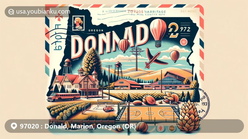 Modern illustration of Donald, Oregon, showcasing postal theme with ZIP code 97020, featuring Champoeg State Heritage Park, skate park, basketball courts, hops, and grain.