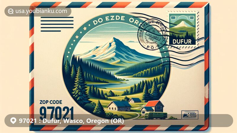 Modern illustration of Dufur, Oregon area with ZIP code 97021, depicting picturesque rolling hills and lush forests near Mt. Hood National Forest, featuring hillside letter 