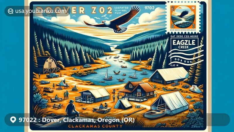 Modern illustrated postcard showcasing ZIP code 97022 in Dover, Clackamas County, Oregon, featuring outdoor activities like hiking, camping, and fishing, with vintage air mail envelope border, Oregon state flag stamps, and postal mark.
