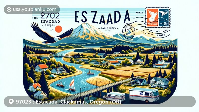 Modern illustration of Estacada, Clackamas County, Oregon, featuring farmland, Eagle Creek, Mount Hood National Forest, warm-summer Mediterranean climate, and the Clackamas River, with postal elements like air mail envelope, postage stamp, postal mark, and mail delivery truck.