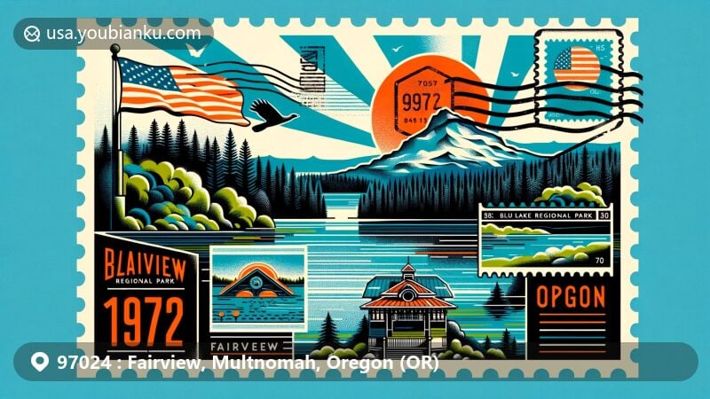 Modern illustration of Fairview, Oregon, showcasing postal theme with ZIP code 97024, featuring Blue Lake Regional Park and Oregon state symbols.