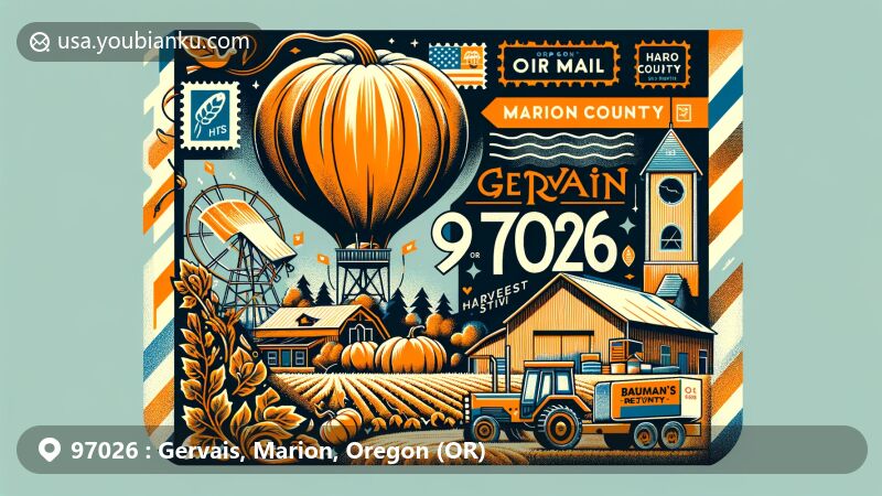 Modern illustration of Gervais, Marion County, Oregon, depicting Bauman's Harvest Festival and showcasing the area's agricultural life with a giant pumpkin and cider festival, incorporating elements like the Oregon state flag and Marion County outline.
