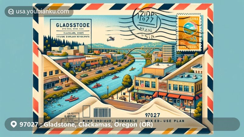 Modern illustration of Gladstone, Oregon, showcasing nostalgic air mail envelope enclosing vibrant scene of downtown with Portland Avenue Corridor vision, inspired by city's aspirations for a thriving, walkable, mixed-use area. Includes Clackamas River, green spaces, state flag stamp, and cancellation mark.