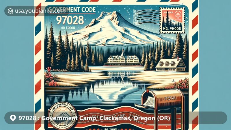 Wide-format illustration of Government Camp, Clackamas County, Oregon, featuring Mount Hood with snow-capped peak, Timberline Lodge, Trillium Lake, vintage postal theme with airmail envelope border, and diverse climate elements.