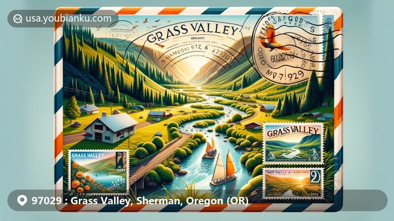 Modern illustration of Grass Valley, Sherman County, Oregon, blending natural beauty with postal elements, featuring vintage airmail envelope, Oregon Raceway Park, Deschutes and John Day Rivers, local landmarks, and 'Grass Valley, OR 97029' postal mark.