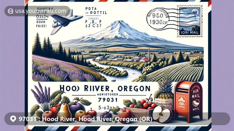 Modern illustration of Hood River, Oregon, with postal theme showcasing ZIP code 97031, featuring Mount Hood, local fruits, and iconic red mailbox.