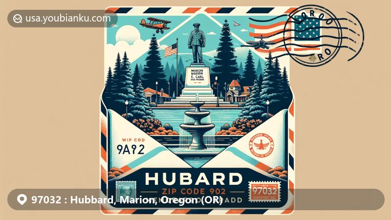 Modern illustration of Hubbard, Marion County, Oregon, depicting postal theme with ZIP code 97032, featuring Marion E. Carl Veterans' Memorial and Rivenes Park, surrounded by fir trees and Memorial Springs splash fountain.