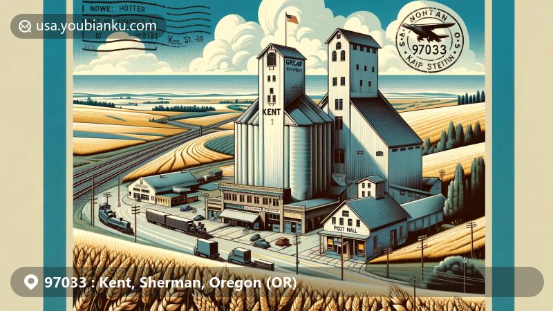 Modern illustration of Kent, Sherman County, Oregon, depicting expansive grain fields, a grain elevator representing agricultural heritage, and hints of historical railroad elements.