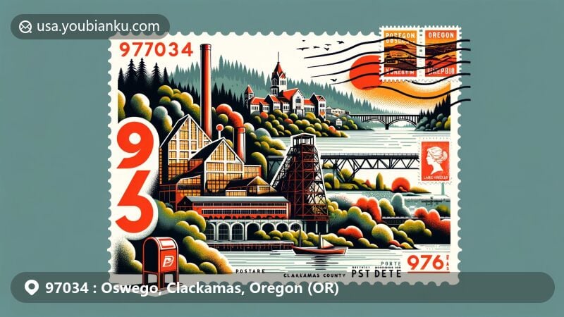 Modern illustration of Lake Oswego, Oregon, showcasing postal theme with ZIP code 97034, featuring diverse landscapes of Oregon, stamps, postal mark with date 'February 25, 2024', and classic red and white mailbox.