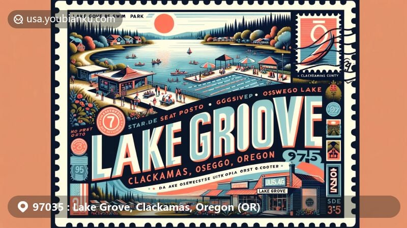 Modern illustration of Lake Grove, Clackamas, Oregon, featuring Lake Grove Swim Park on the north shore of Oswego Lake, highlighting recreational and community focus.