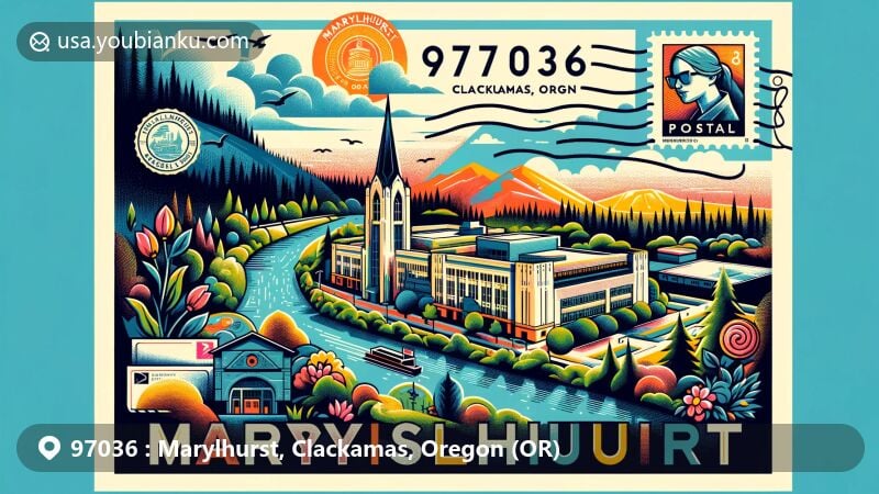 Modern illustration of Marylhurst, Clackamas County, Oregon, highlighting ZIP code 97036 and postal elements with Willamette River and Marylhurst University silhouette.