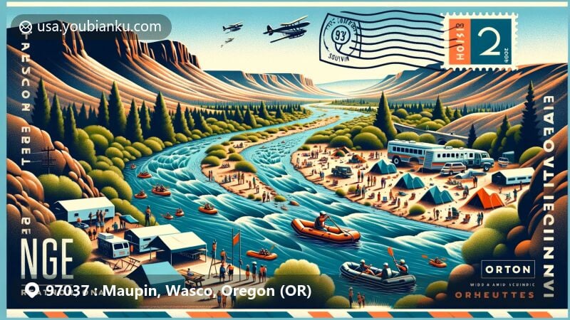 Modern illustration of Maupin, Oregon, featuring ZIP code 97037 and the scenic Lower Deschutes River in Wasco County, showcasing desert beauty, outdoor activities, vibrant community life, and creatively designed postal element with Oregon state symbols.