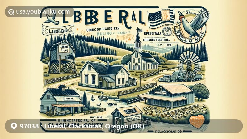 Modern illustration of Liberal, Oregon, portraying rural charm with historic Liberal Store, sawmill, feed mill, and Evangelical Community Chapel, situated along Oregon Route 213 near the Molalla River.
