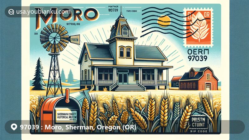 Vibrant illustration of Moro, Oregon, showcasing Sherman County Historical Museum, wheat fields, windmills, vintage postage stamp, postmark 'Moro, OR 97039,' and classic red mailbox.
