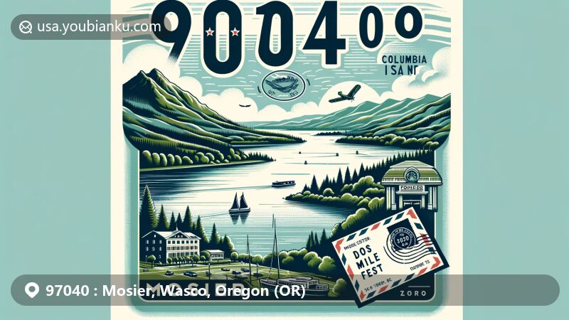 Modern illustration of Mosier, Wasco County, Oregon, showcasing postal theme with ZIP code 97040, featuring Columbia River and Eighteenmile Island.
