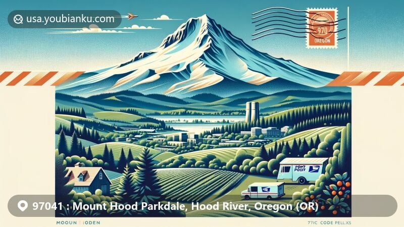 Modern illustration of Mount Hood Parkdale, Hood River, Oregon, showcasing postal theme with ZIP code 97041, featuring Mount Hood's natural beauty and US postal symbols.