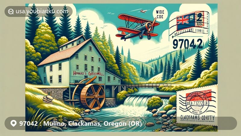 Modern illustration of Mulino, Clackamas County, Oregon, highlighting postal theme with ZIP code 97042, featuring Howard's Gristmill, Oregon state flag, and vintage air mail elements.