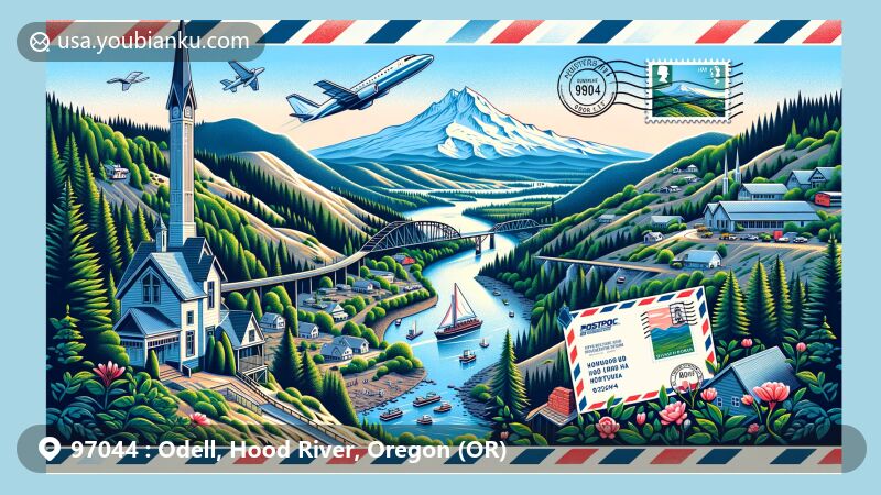 Modern illustration of Odell, Oregon, in Hood River County, featuring Mount Hood and the Columbia River Gorge, creatively incorporating postal elements with ZIP code 97044.
