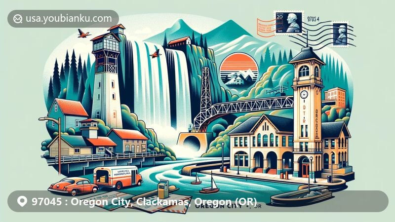 Modern illustration of ZIP code 97045, Oregon City, Clackamas, Oregon, showcasing postal theme with key landmarks such as the Oregon City Municipal Elevator, Willamette Falls, End of the Oregon Trail Interpretive Center, McLoughlin House, and the Oregon City Arch Bridge.