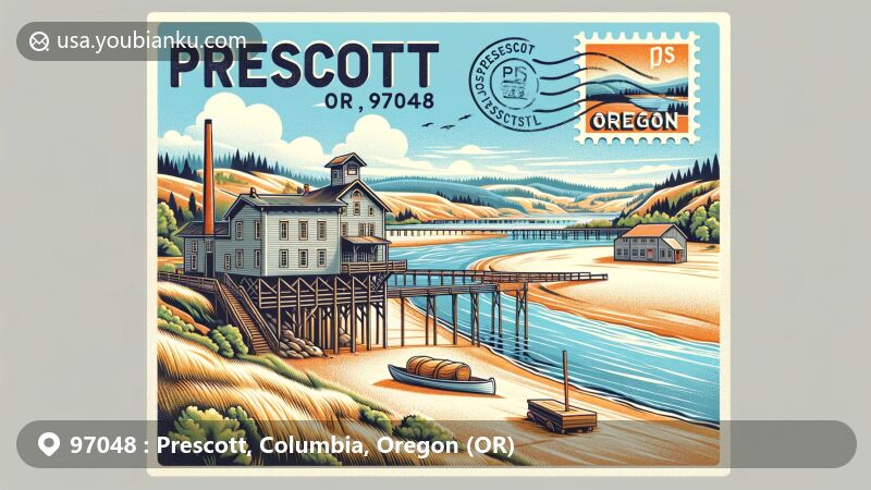 Modern illustration of Prescott, Oregon area, featuring Prescott Beach, Columbia River, and historic sawmill, creatively integrating postcard theme with ZIP code 97048 and Oregon postage stamp.