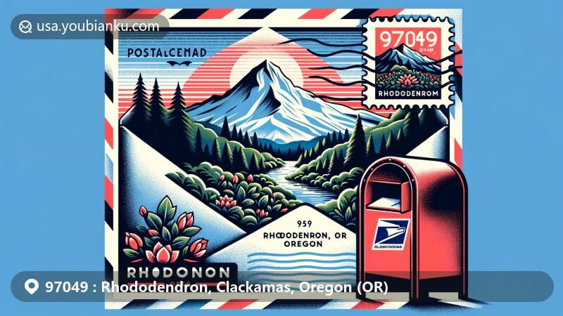 Modern illustration showcasing Rhododendron, Clackamas County, Oregon, postal code 97049, featuring Mount Hood scenic byway and iconic postal motifs.