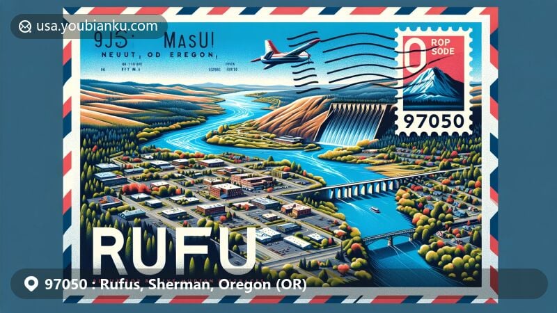 Modern illustration of Rufus, Sherman County, Oregon, in a vintage air mail envelope design with red and blue borders, featuring aerial view of Rufus town center and John Day Dam on the Columbia River, highlighting '97050' ZIP code and postal elements.