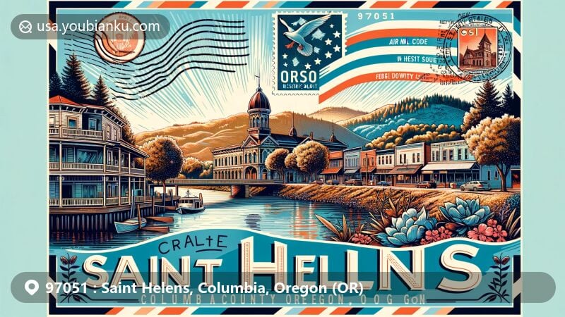 Modern illustration of Saint Helens Downtown Historic District, Columbia County, Oregon, showcasing postal theme with ZIP code 97051, highlighting historical significance and charm, integrating rich history and modern preservation.