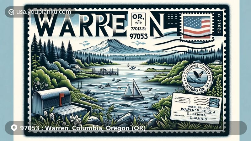 Modern illustration of Warren, Columbia County, Oregon, featuring lush greenery, Scappoose Bay, and the Columbia River, with postal elements including vintage postage stamp and 'Warren, OR 97053' postmark.