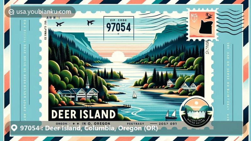 Modern illustration of Deer Island, Oregon, ZIP code 97054, with Columbia River, lush green forests, and postal theme elements like postage stamp and air mail envelope.