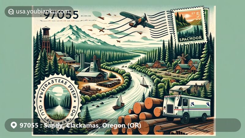 Modern illustration of Sandy River, Mt. Hood National Forest, showcasing postal theme with ZIP code 97055, featuring iconic elements like the Quicksand River, logging industry, and Mt. Hood National Forest.