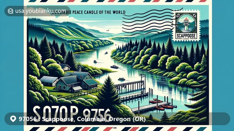 Modern illustration of Scappoose, Columbia County, Oregon, featuring the Scappoose Peace Candle of the World, lush greenery, Columbia River, and outdoor activities like kayaking and hiking, with nods to dairy farming, logging, and Chinookan heritage.