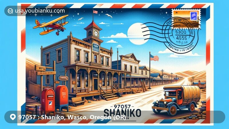 Modern illustration of Shaniko, Oregon, 97057, showcasing ghost town charm and postal theme with historic hotel, city hall, stylized airmail envelope featuring stamp and postmark, '97057 Shaniko, OR', and vivid postcard of famous wool warehouse, surrounded by postal elements like vintage mailbox and mail truck.