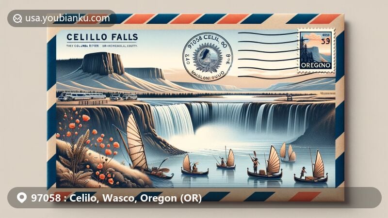 Modern illustration of Celilo Falls, the Columbia River, and Native American fishing boats, ZIP code 97058, showcasing Oregon state flag and cultural elements.