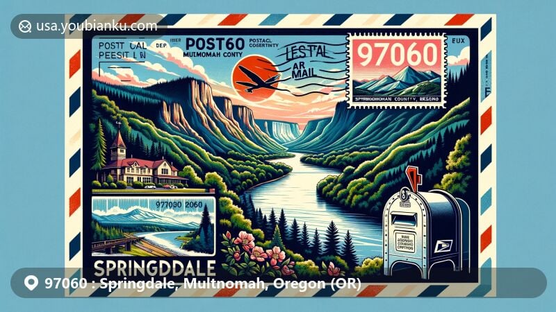 Modern illustration of Springdale, Multnomah County, Oregon, highlighting postal code 97060 and the scenic Columbia River Gorge, featuring Springdale Community Center and Oregon state symbols.