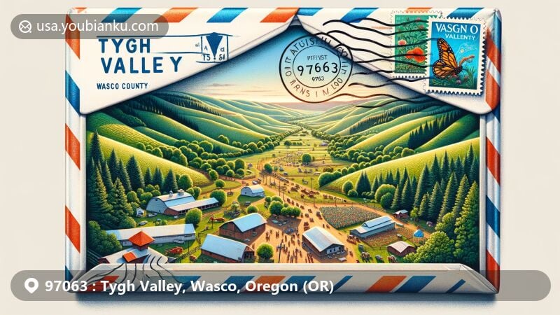 Modern illustration of Tygh Valley, Wasco County, Oregon, featuring vintage air mail envelope with lush green vegetation, rolling hills, and local events like Wasco County Fair and Rodeo and Tygh Valley Bluegrass Jamboree.