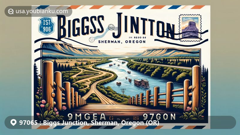 Modern illustration of Biggs Junction, Sherman, Oregon, featuring Columbia River, Oregon Trail elements, I-84 route, postal theme with ZIP code 97065, and nod to agricultural heritage.