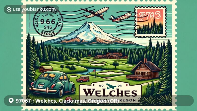 Modern illustration of Welches, Clackamas County, Oregon, displaying iconic Mount Hood, lush forests, and resort elements like golf courses and cozy cabins, blended with postal theme featuring a retro stamp of Mount Hood, 'Welches, OR 97067' postmark, and an airplane symbolizing global connection.