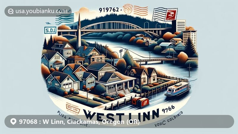 Modern illustration of West Linn, Clackamas County, Oregon, highlighting scenic beauty with Willamette River and Abernethy Bridge, showcasing diverse residential architecture from 1950s ranch-style to modern buildings, integrating educational elements and postal features including mailboxes and mail truck, and emphasizing '97068' postal code in postcard format.