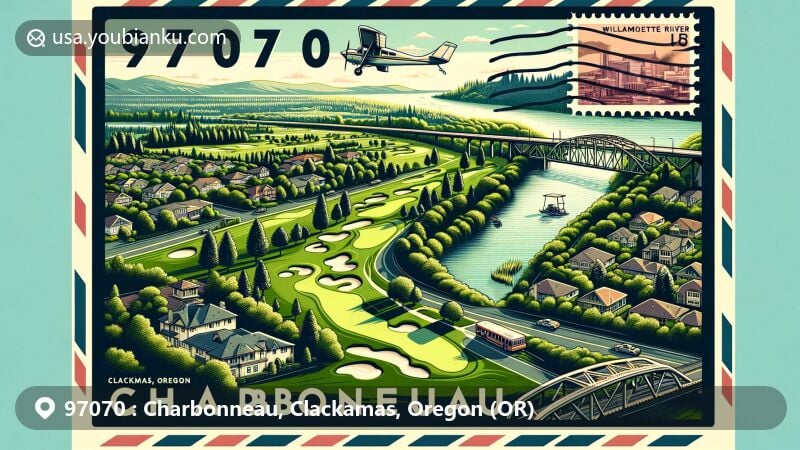 Modern illustration of Charbonneau, Clackamas County, Oregon, highlighting ZIP code 97070 and featuring Charbonneau Golf Club, Willamette River, residential areas, vintage airmail border, and Oregon map.