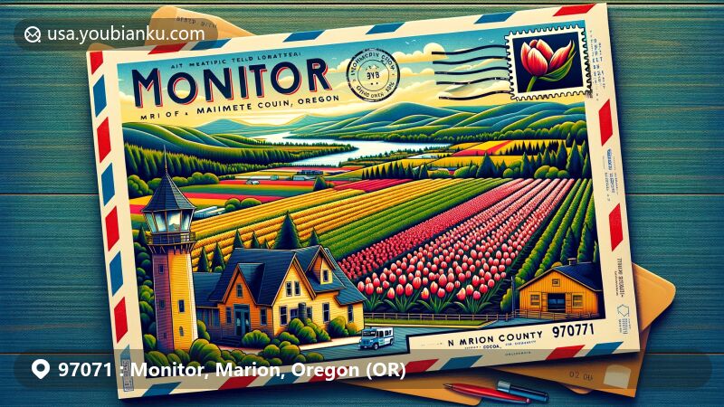 Modern illustration of Monitor, Marion County, Oregon, featuring blooming tulip fields, vintage air mail envelope with Wooden Shoe Tulip Farm stamp, and ZIP code 97071.