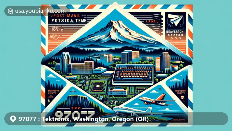 Innovative illustration capturing ZIP code 97077 in Beaverton, Oregon, emphasizing air mail envelope with vintageTEK museum, Mount Hood, and Haystack Rock silhouettes, blending tech and natural beauty.
