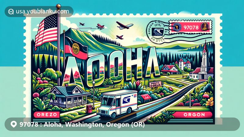 Modern illustration of Aloha area in Oregon, showcasing state flag, lush greenery, and notable landmarks, with postal elements like vintage air mail envelope and postage stamp featuring ZIP code 97078.