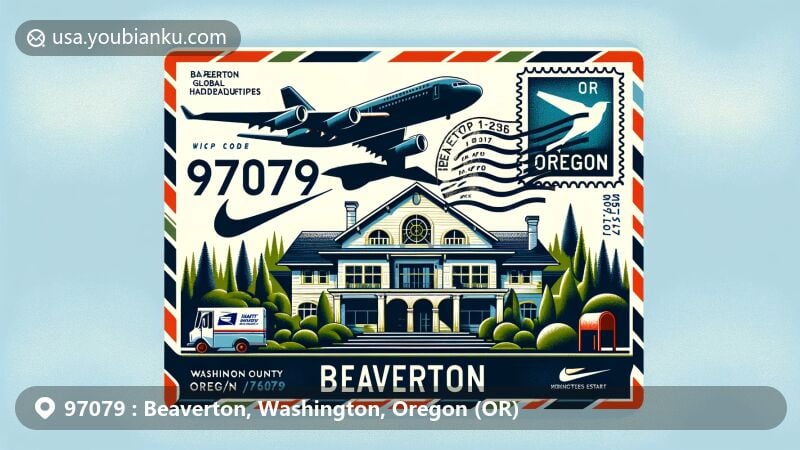 Modern illustration of Beaverton, Washington County, Oregon, with ZIP code 97079, featuring airmail envelope theme and iconic landmarks like Nike HQ, Tualatin Hills Nature Park, and Jenkins Estate.