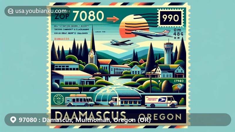 Modern illustration of Damascus, Multnomah County, Oregon, highlighting ZIP code 97080 with a creative design blending postal elements and local landmarks. Features air mail envelopes, postage stamps, and Oregon symbols like trees, representing the area's identity and natural beauty.