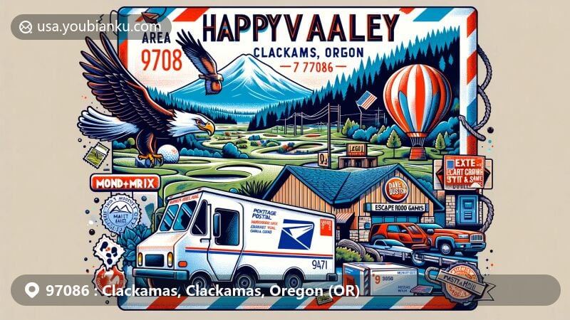 Modern illustration of Clackamas, Clackamas County, Oregon, postal theme for ZIP code 97086, featuring Happy Valley landmarks like Eagle Landing Par 3, MindTrix Escape Room, Dave & Buster's, and Mount Talbert Nature Park.
