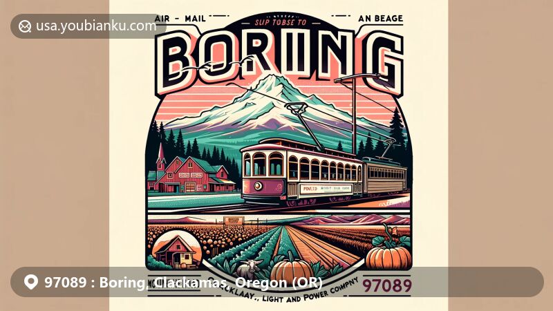 Modern illustration of Boring, Clackamas, Oregon, featuring a postcard design with Mount Hood backdrop, vintage trolley, local farms, and postal elements like stamps and postmark.